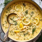 Bowl of Avgolemono, traditional Greek lemon chicken soup with fresh herbs.