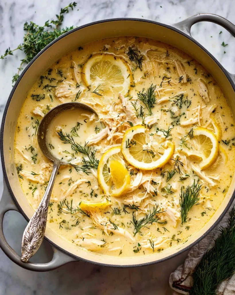 Bowl of Avgolemono, traditional Greek lemon chicken soup with fresh herbs.