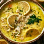 Bowl of Avgolemono Soup with lemon, chicken, and rice garnished with herbs