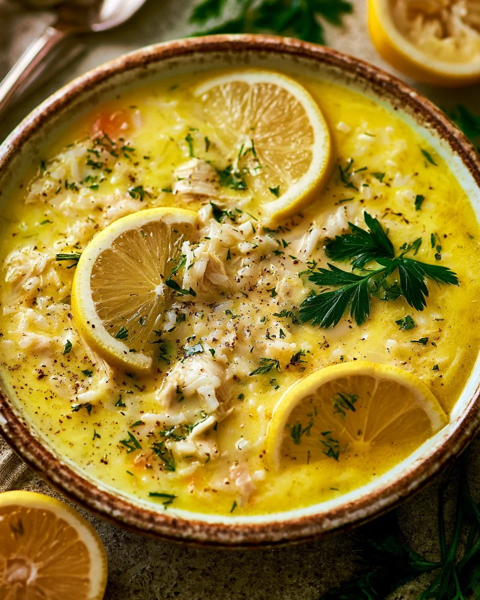Bowl of Avgolemono Soup with lemon, chicken, and rice garnished with herbs