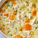 Bowl of Avgolemono soup, traditional Greek lemon chicken soup with herbs.