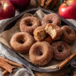 Freshly baked apple cider donuts topped with cinnamon and sugar