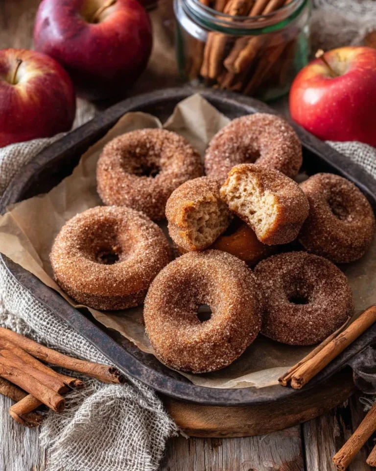 Freshly baked apple cider donuts topped with cinnamon and sugar
