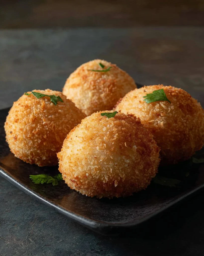 Baked Italian rice balls served on a white plate with marinara sauce.