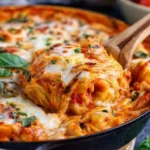 Delicious baked tortellini casserole with cheese and marinara sauce