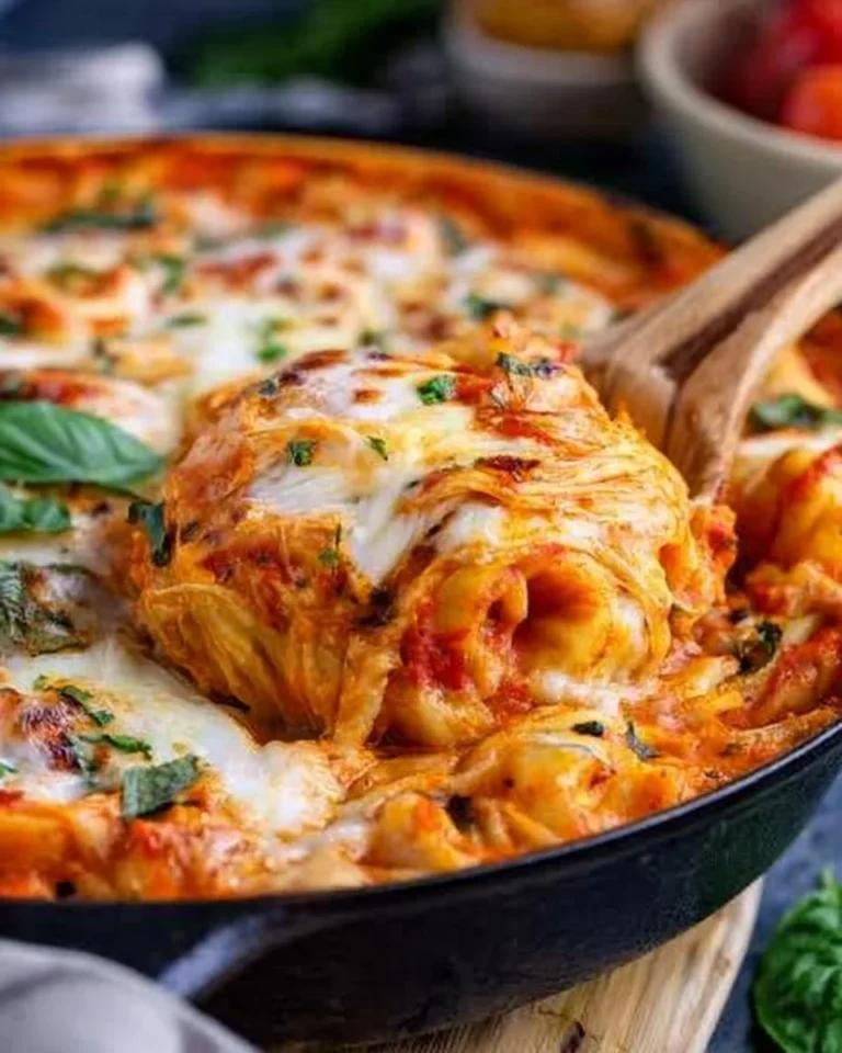 Delicious baked tortellini casserole with cheese and marinara sauce