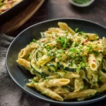 Baked zucchini pasta topped with cheese and herbs in a baking dish
