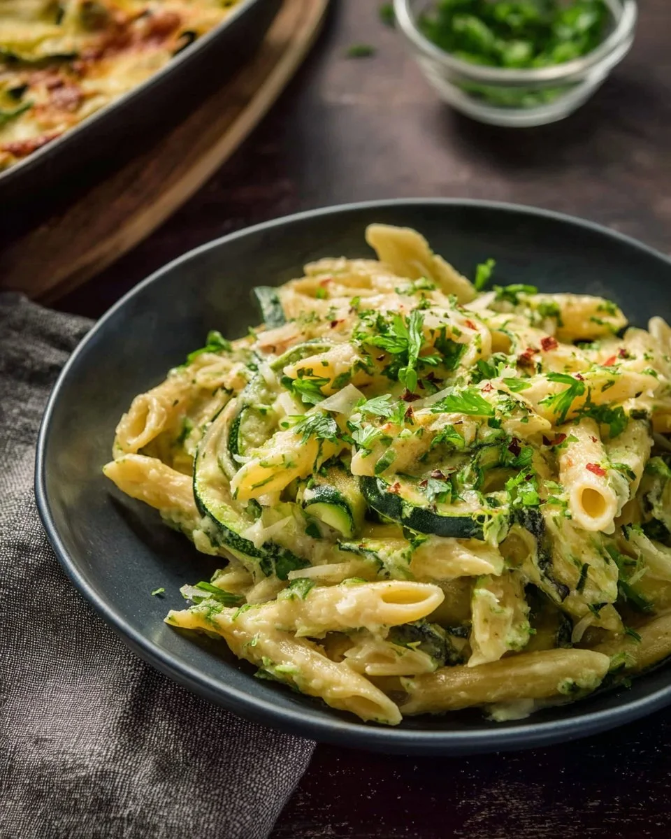 Baked zucchini pasta topped with cheese and herbs in a baking dish