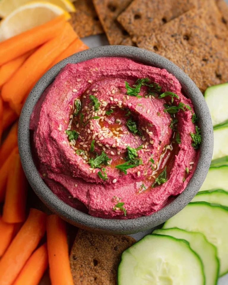 Bowl of vibrant and creamy beet hummus with fresh vegetables and pita