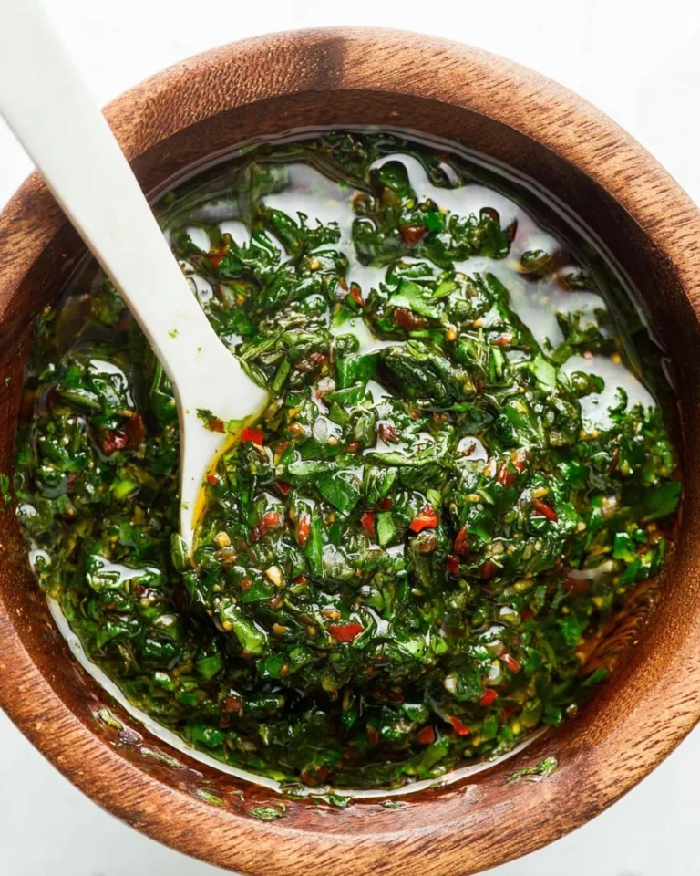 Fresh chimichurri sauce served in a bowl with herbs and spices