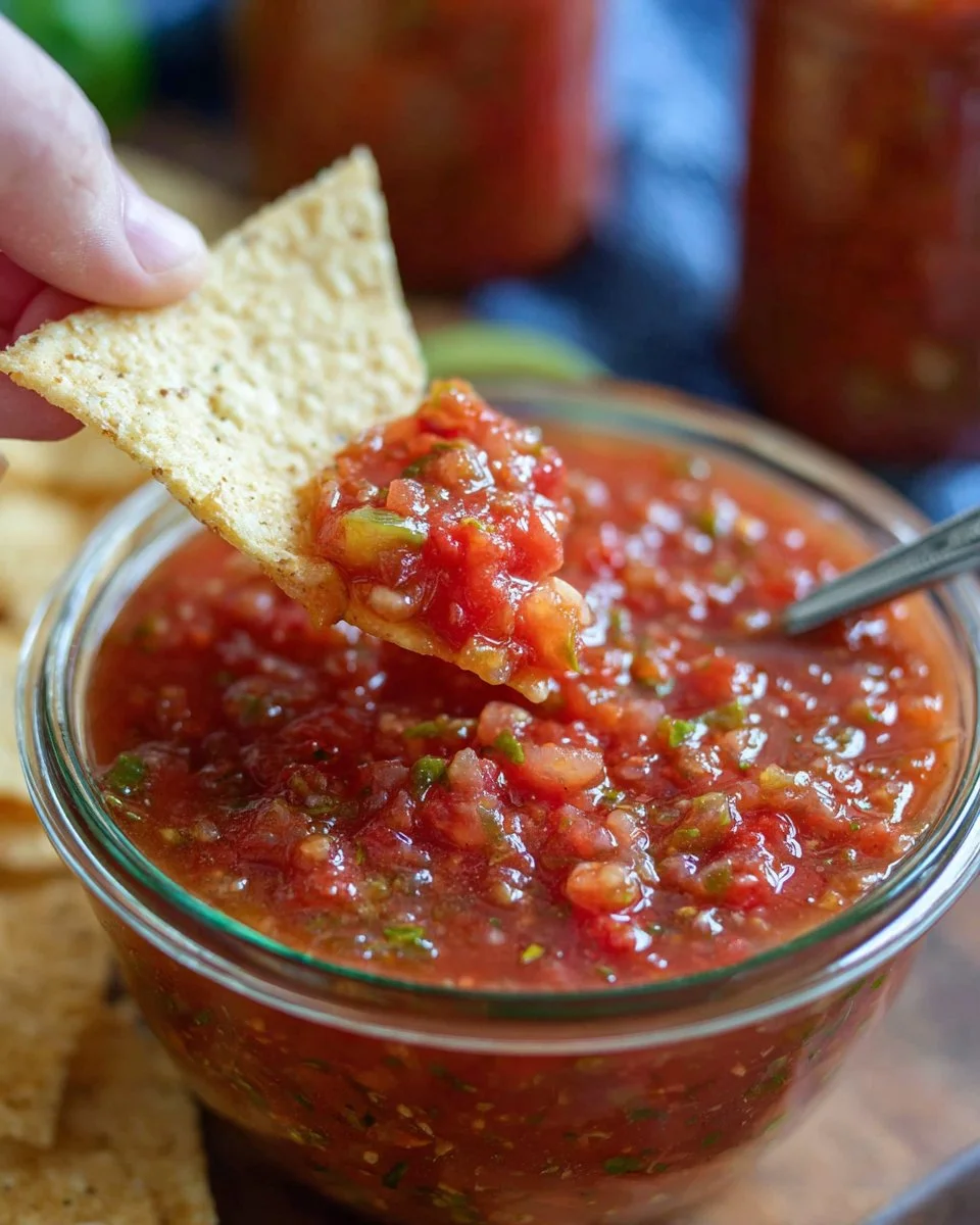 Jars of homemade canned salsa with fresh ingredients ready for preserving