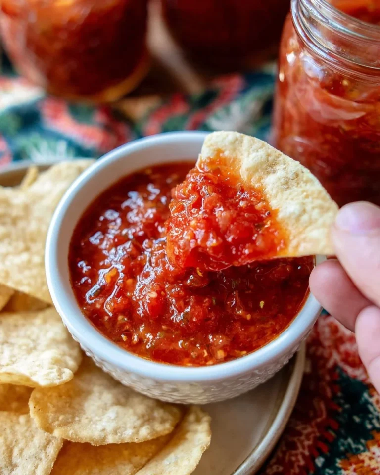Homemade thick canned salsa with fresh ingredients in a jar.
