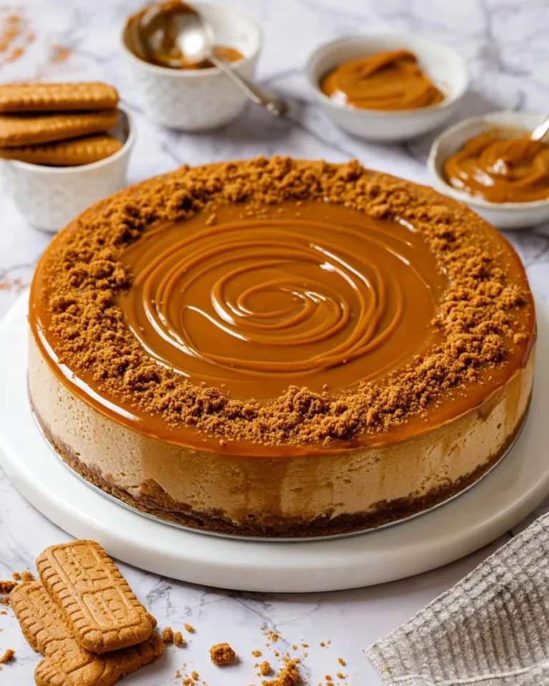 Delicious Biscoff Cheesecake topped with crumbled Biscoff cookies