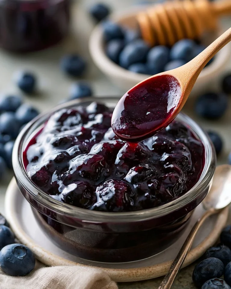 Homemade blueberry compote in a bowl, perfect for desserts and toppings.