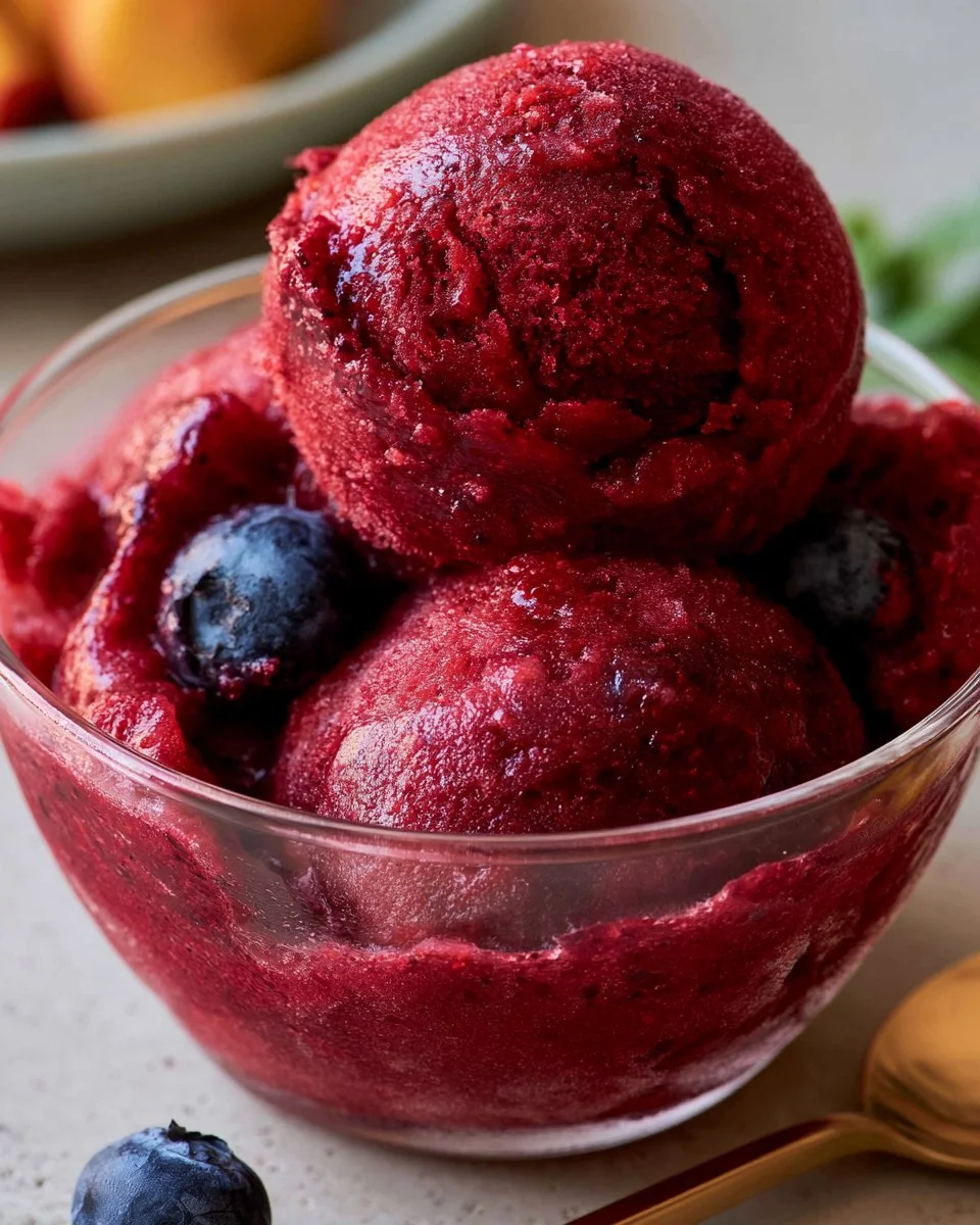 Delicious blueberry peach sorbet served in a bowl with fresh fruit