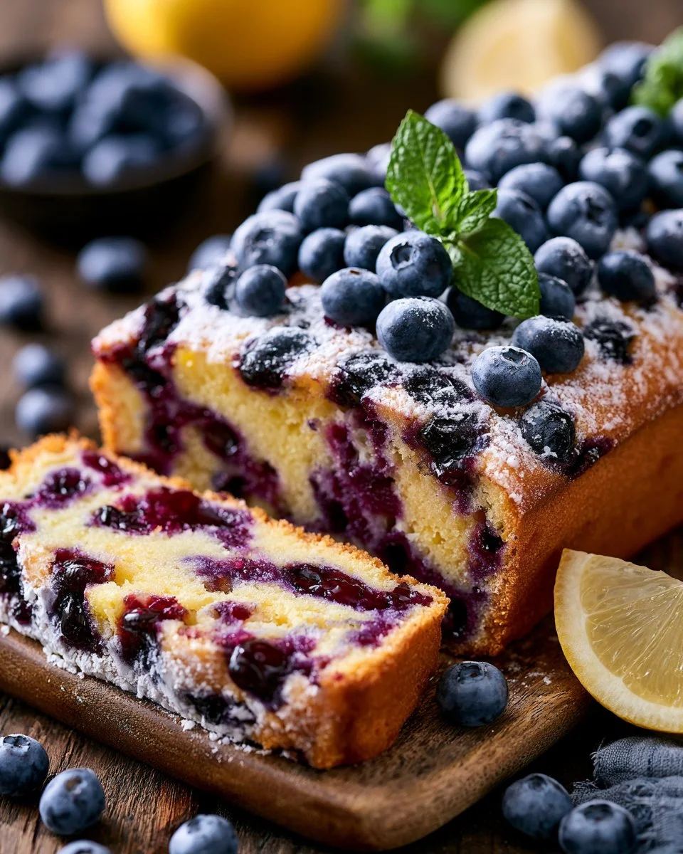 Homemade Blueberry Ricotta Cake topped with fresh berries and whipped cream