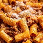 Delicious Bolognese Rigatoni served with fresh herbs and parmesan cheese