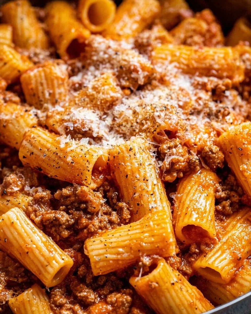 Delicious Bolognese Rigatoni served with fresh herbs and parmesan cheese