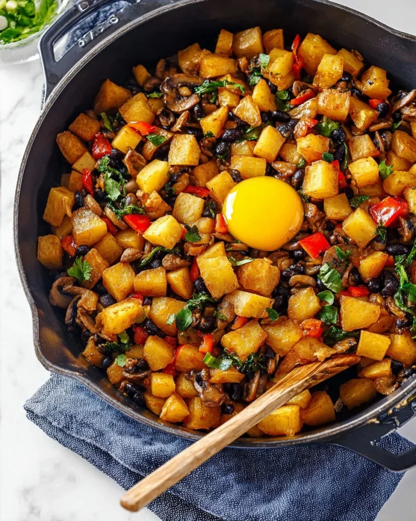 A hearty breakfast hash featuring potatoes, eggs, and colorful vegetables.