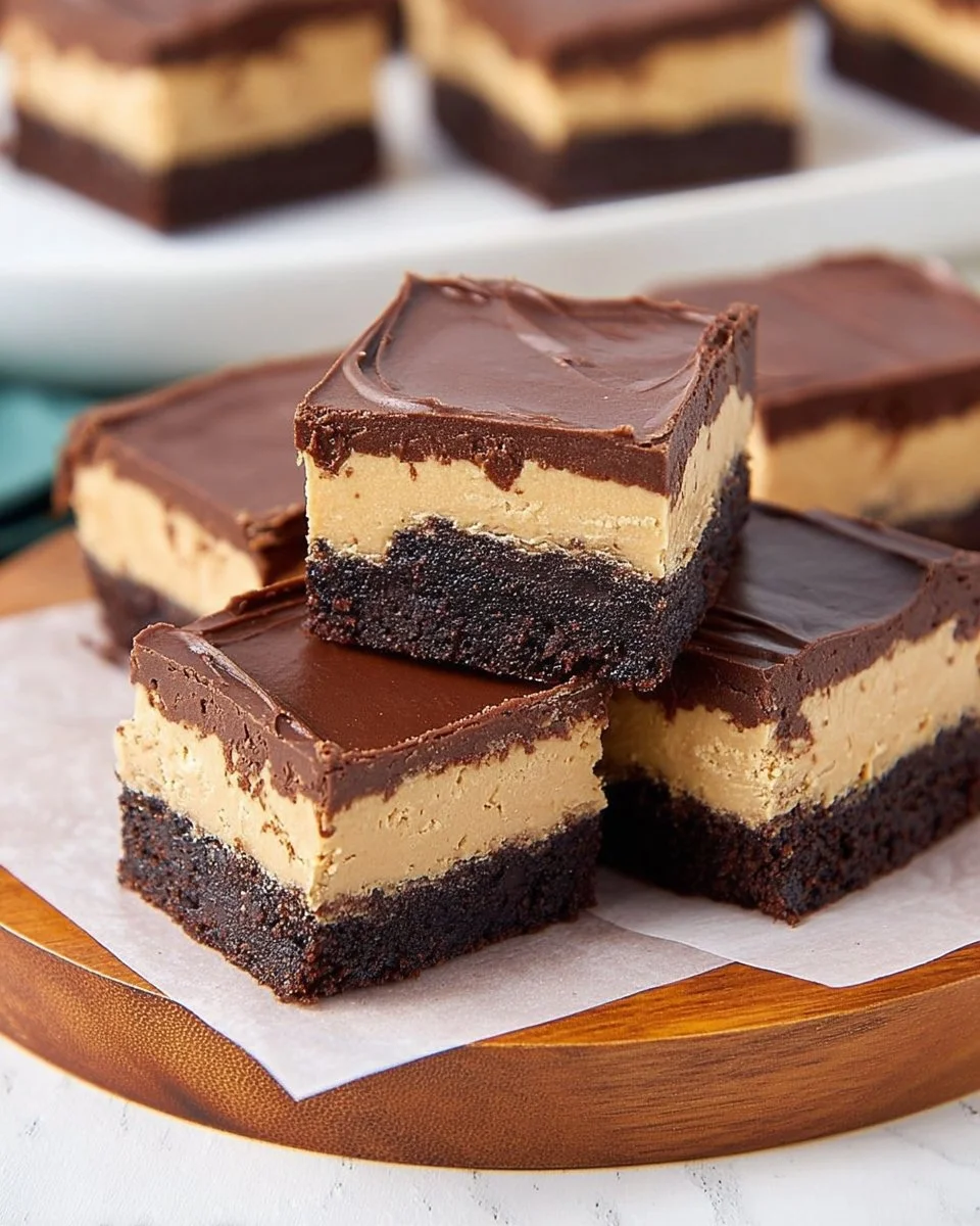 Decadent Buckeye Brownies topped with peanut butter and chocolate.
