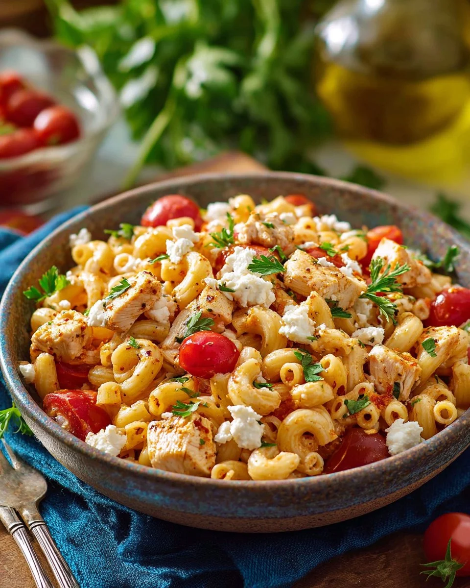 Delicious bowl of easy Buffalo Chicken Pasta garnished with green onions.