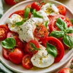 Burrata Caprese with fresh tomatoes, basil, and olive oil on a plate