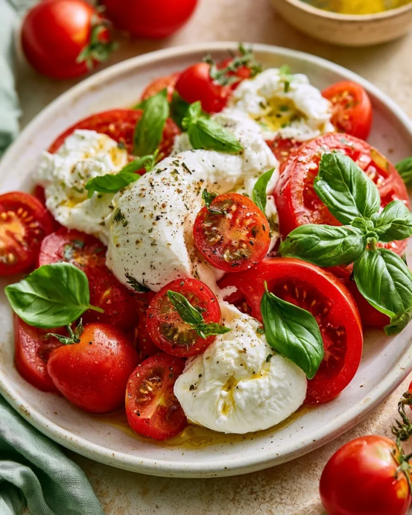 Burrata Caprese with fresh tomatoes, basil, and olive oil on a plate