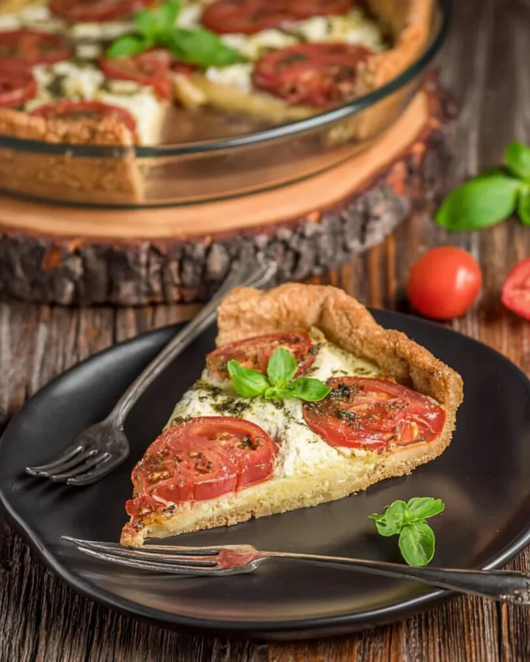 Delicious Caprese Tart with tomatoes, mozzarella, and basil on a flaky pastry crust