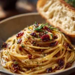 Caramelized onion pasta with chilli oil served in a bowl