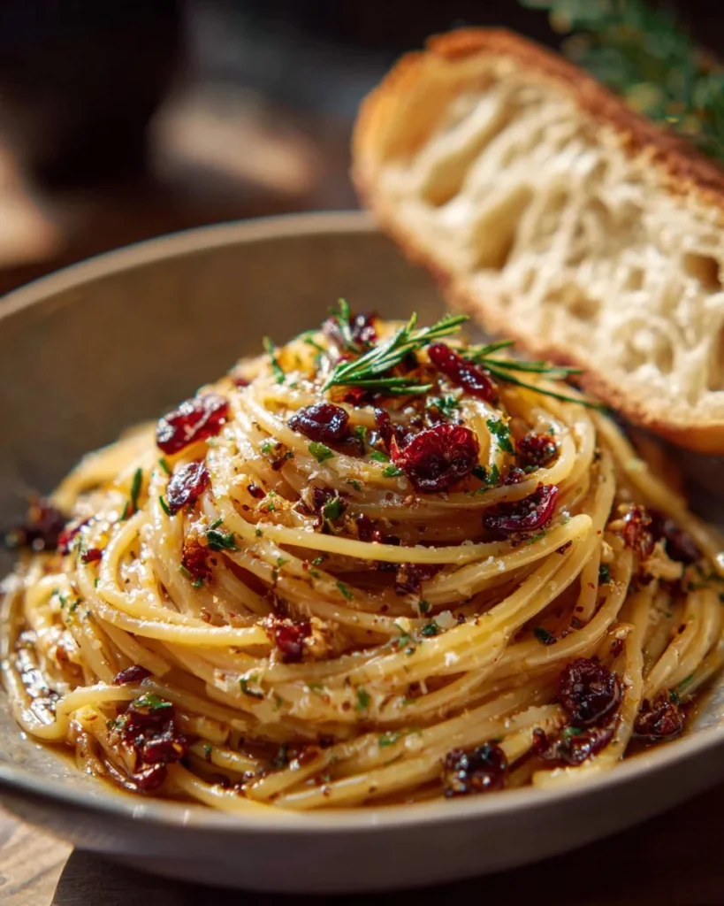 Caramelized onion pasta with chilli oil served in a bowl
