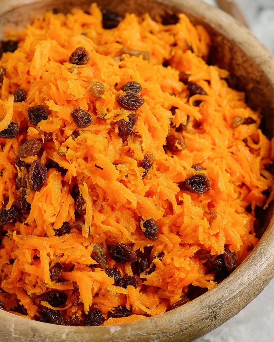 Bowl of vibrant Carrot Raisin Salad with nuts and dressing