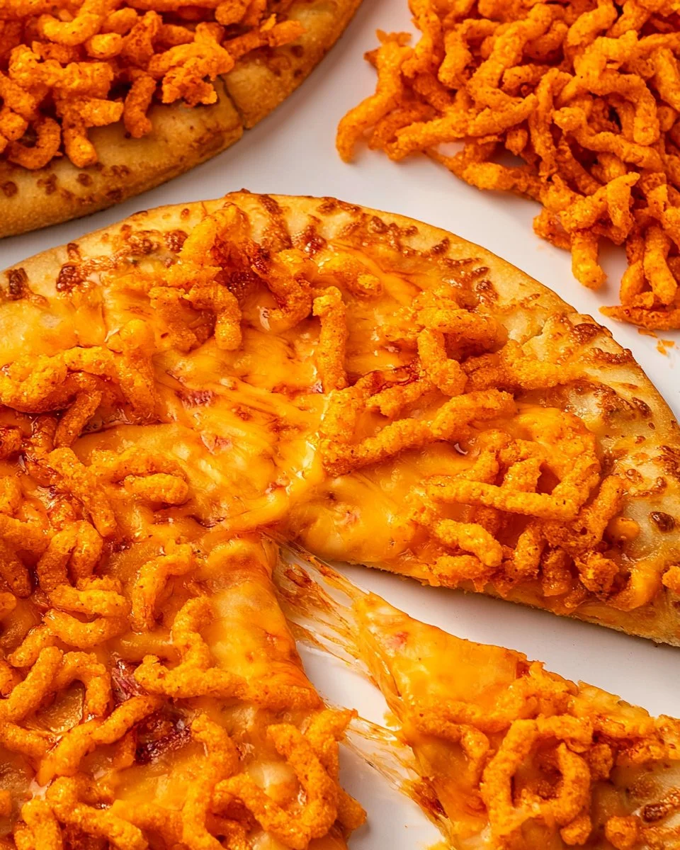 Cheeto Pizza topped with cheesy Cheetos and fresh ingredients