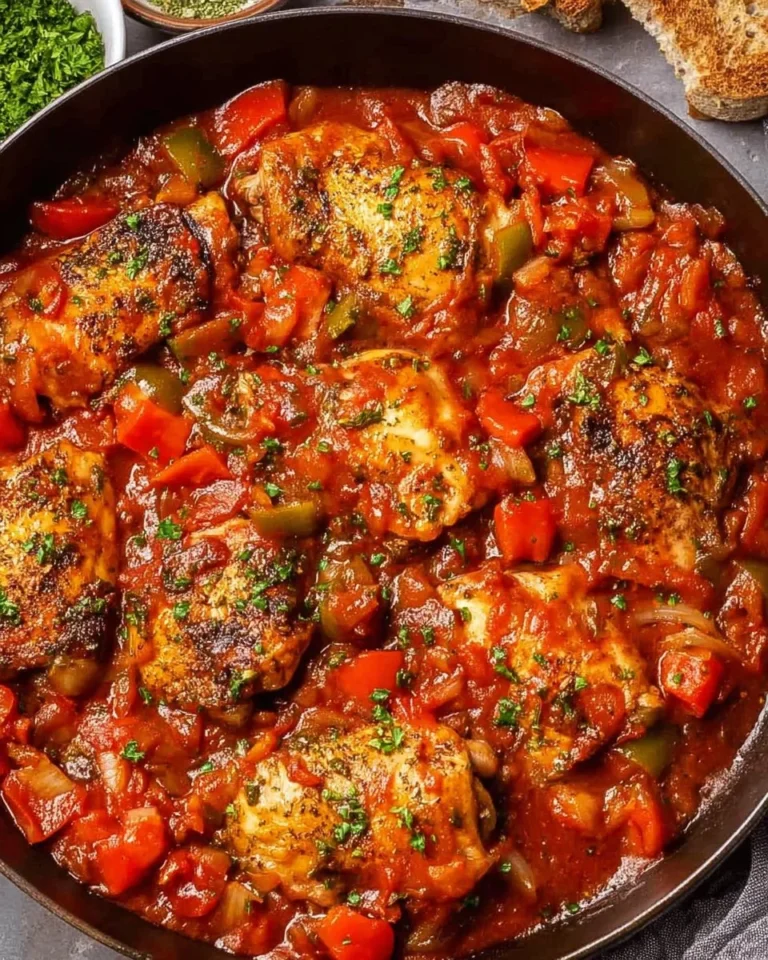 Delicious chicken cacciatore with vegetables and herbs in a rustic setting.