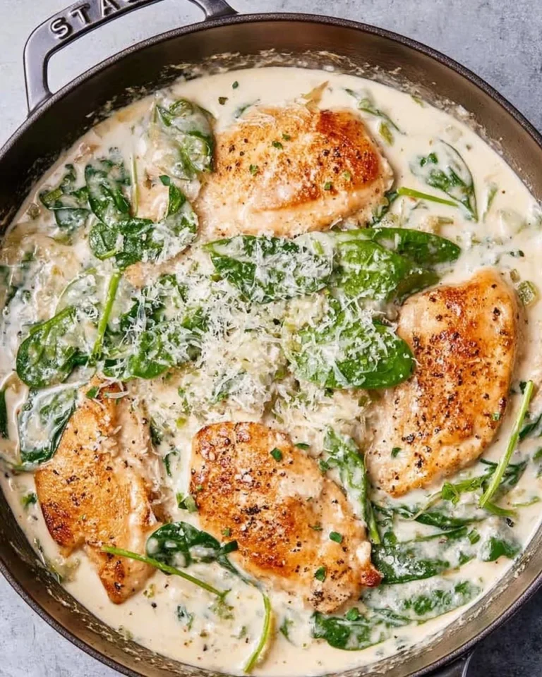 Delicious Chicken Florentine topped with creamy spinach sauce and herbs