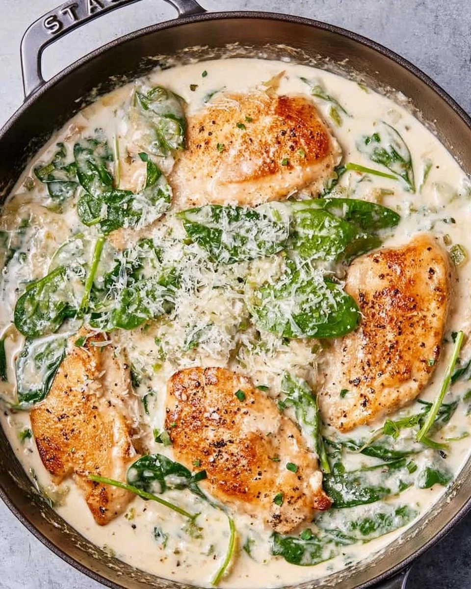 Delicious Chicken Florentine topped with creamy spinach sauce and herbs