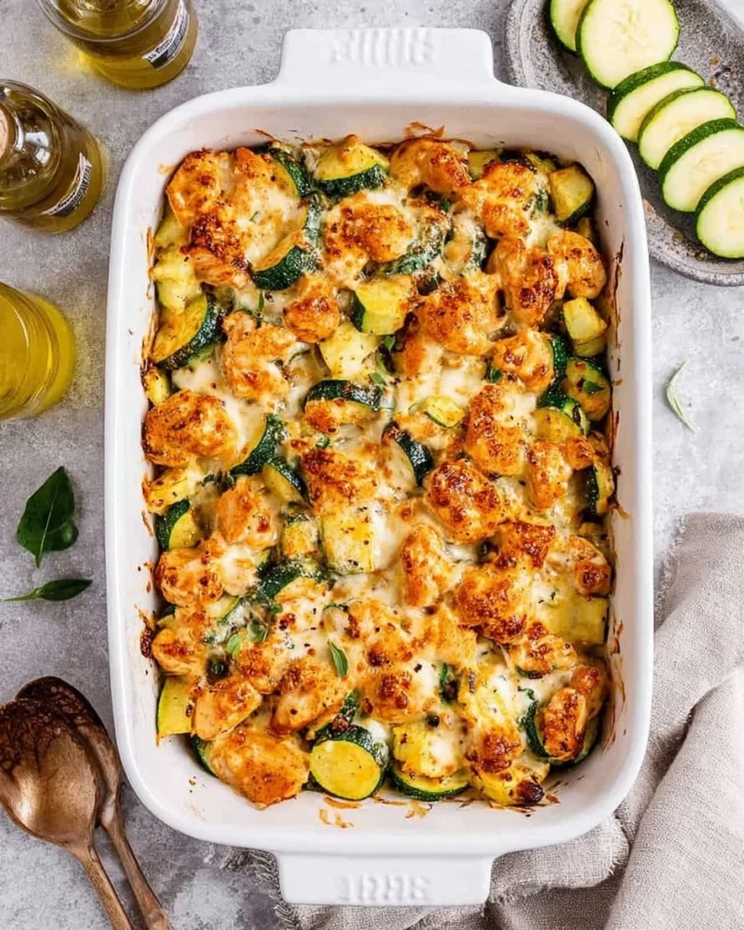 Delicious Chicken Zucchini Bake served in a casserole dish with herbs