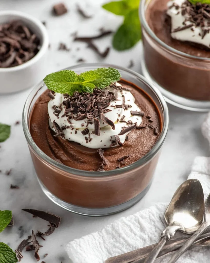 Delicious chocolate avocado pudding served in a bowl, garnished with fresh mint leaves.