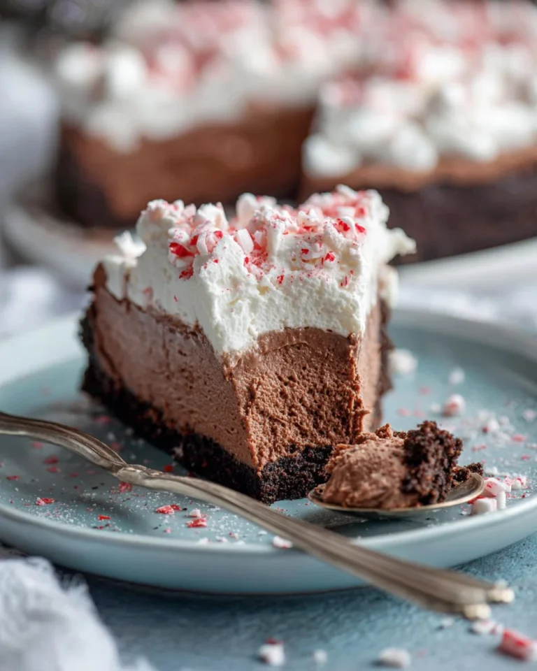 Delicious slice of Chocolate Peppermint Cheesecake topped with peppermint sprinkles