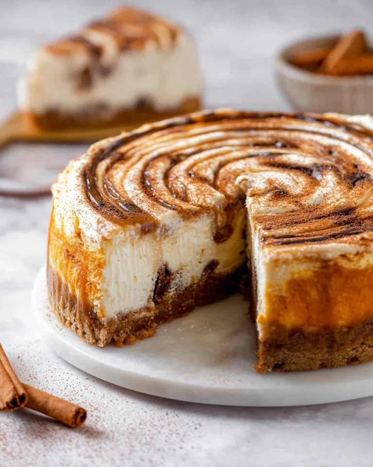 Delicious cinnamon roll cheesecake topped with cinnamon swirl and cream cheese frosting.