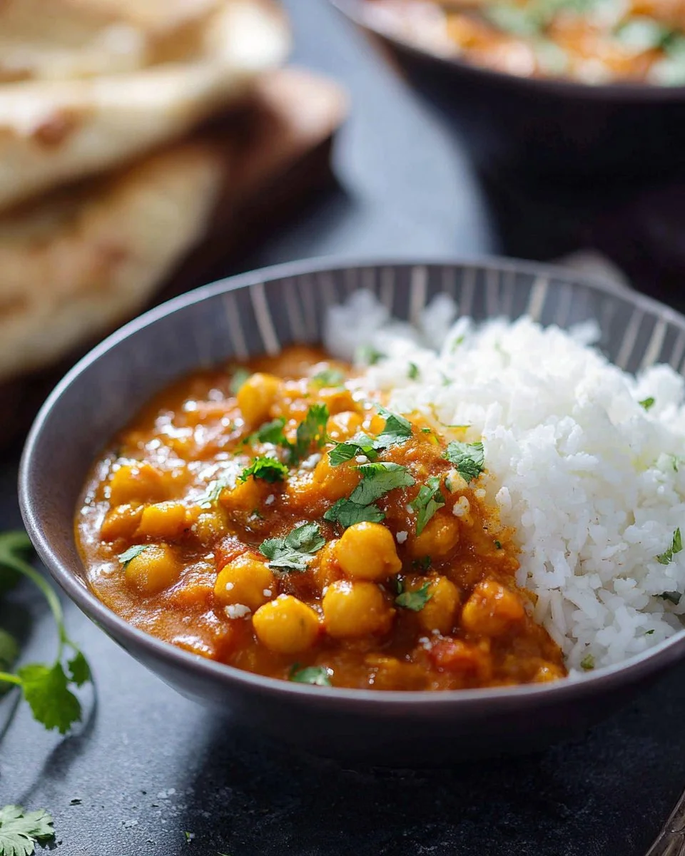 Delicious Coconut Chickpea Curry served in a bowl with fresh herbs
