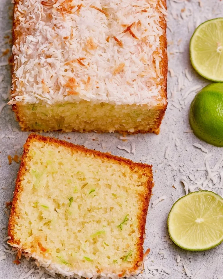Delicious Coconut Lime Loaf Cake topped with coconut flakes and lime zest