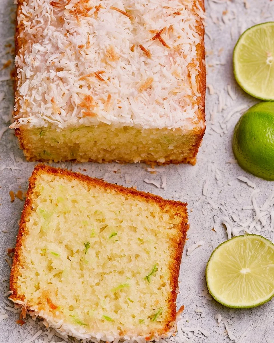 Delicious Coconut Lime Loaf Cake topped with coconut flakes and lime zest