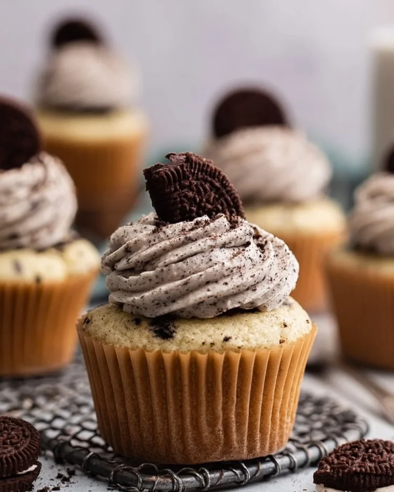 Delicious Cookies and Cream Cupcakes topped with creamy frosting and cookie crumbles.