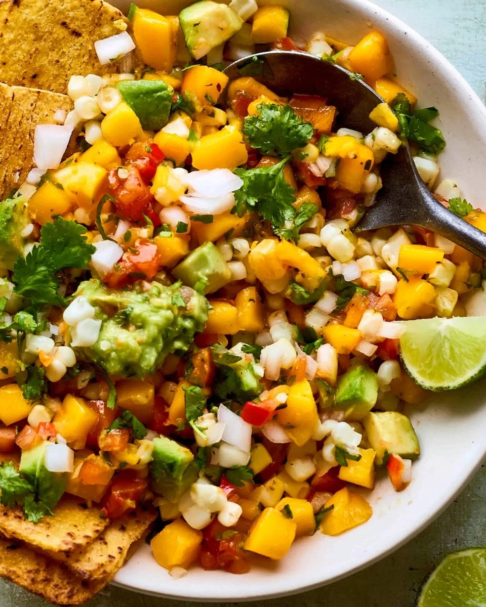 Delicious Corn Mango Avocado Salsa served in a bowl with tortilla chips