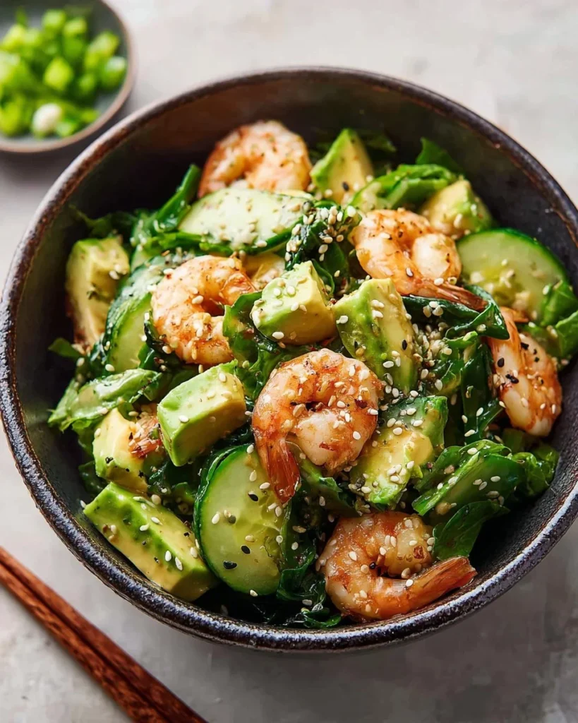 Creamy Japanese shrimp salad with fresh vegetables and a rich dressing