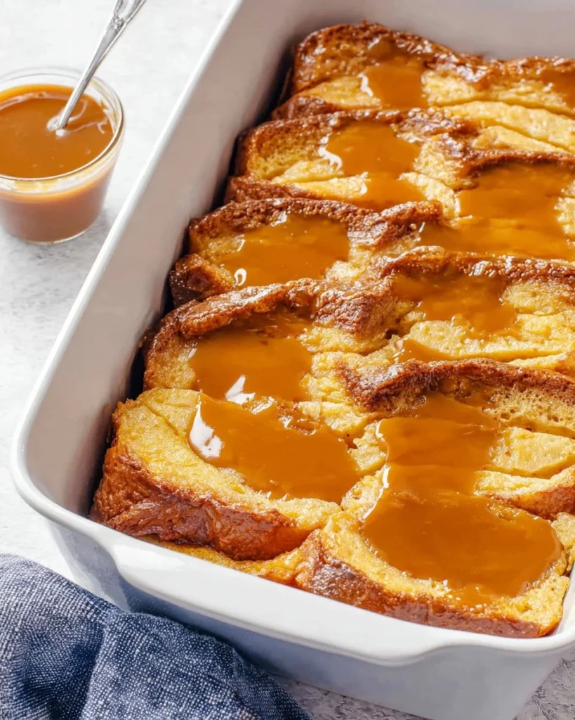 Delicious Crème Brûlée French Toast Casserole topped with caramelized sugar.