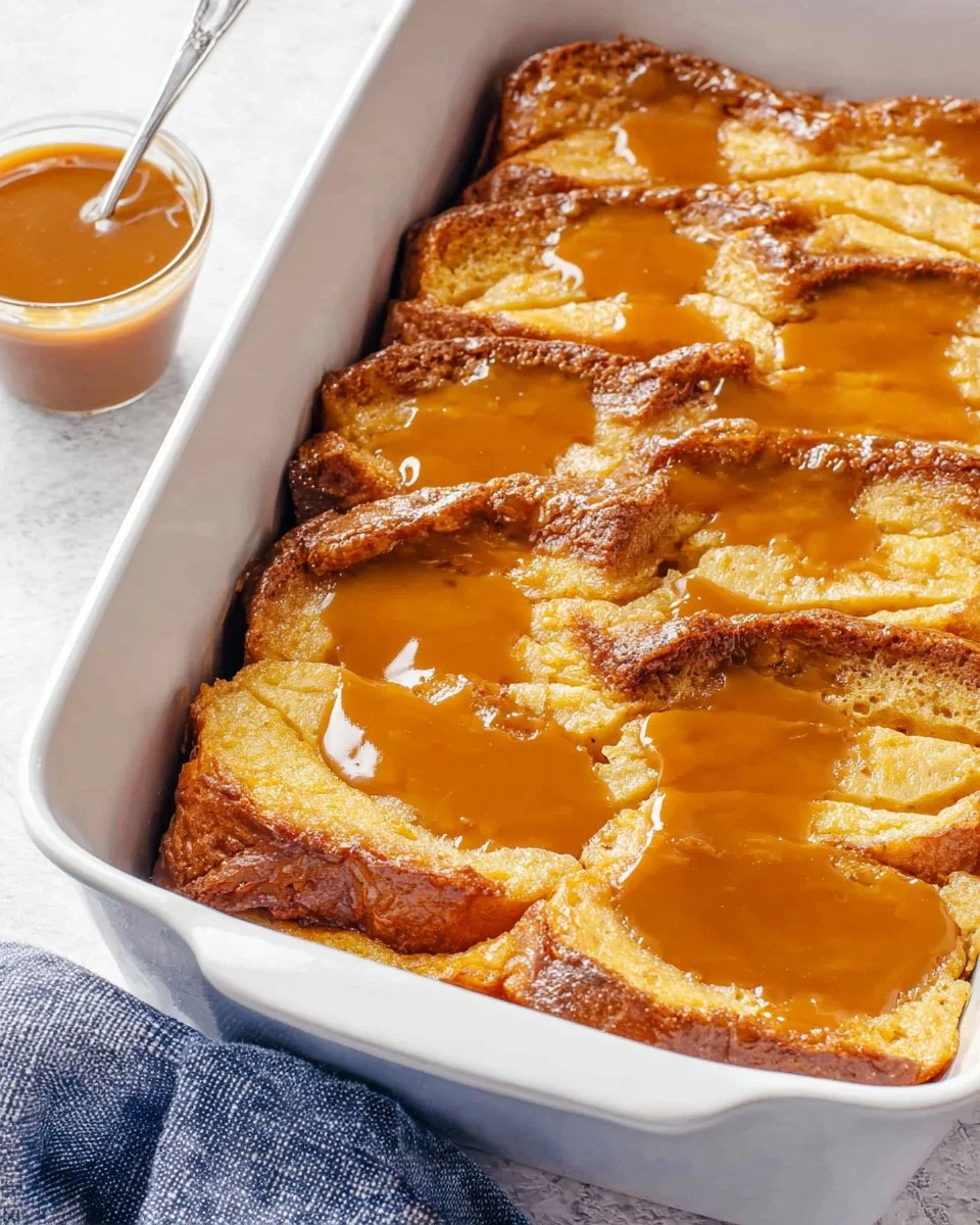 Delicious Crème Brûlée French Toast Casserole topped with caramelized sugar.