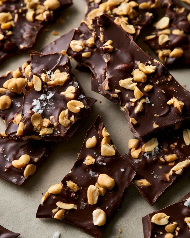 Delicious dark chocolate peanut bark with crunchy peanuts