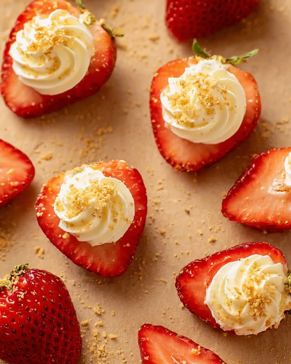 Plate of deviled strawberries with creamy filling and garnishes