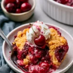 Delicious easy cherry cobbler dessert with a golden crust and fresh cherries.